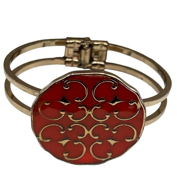 Beaded Necklace & Hinged Bracelet Set Orange & Gold Tone Statement Jewelry - Picture 3 of 8